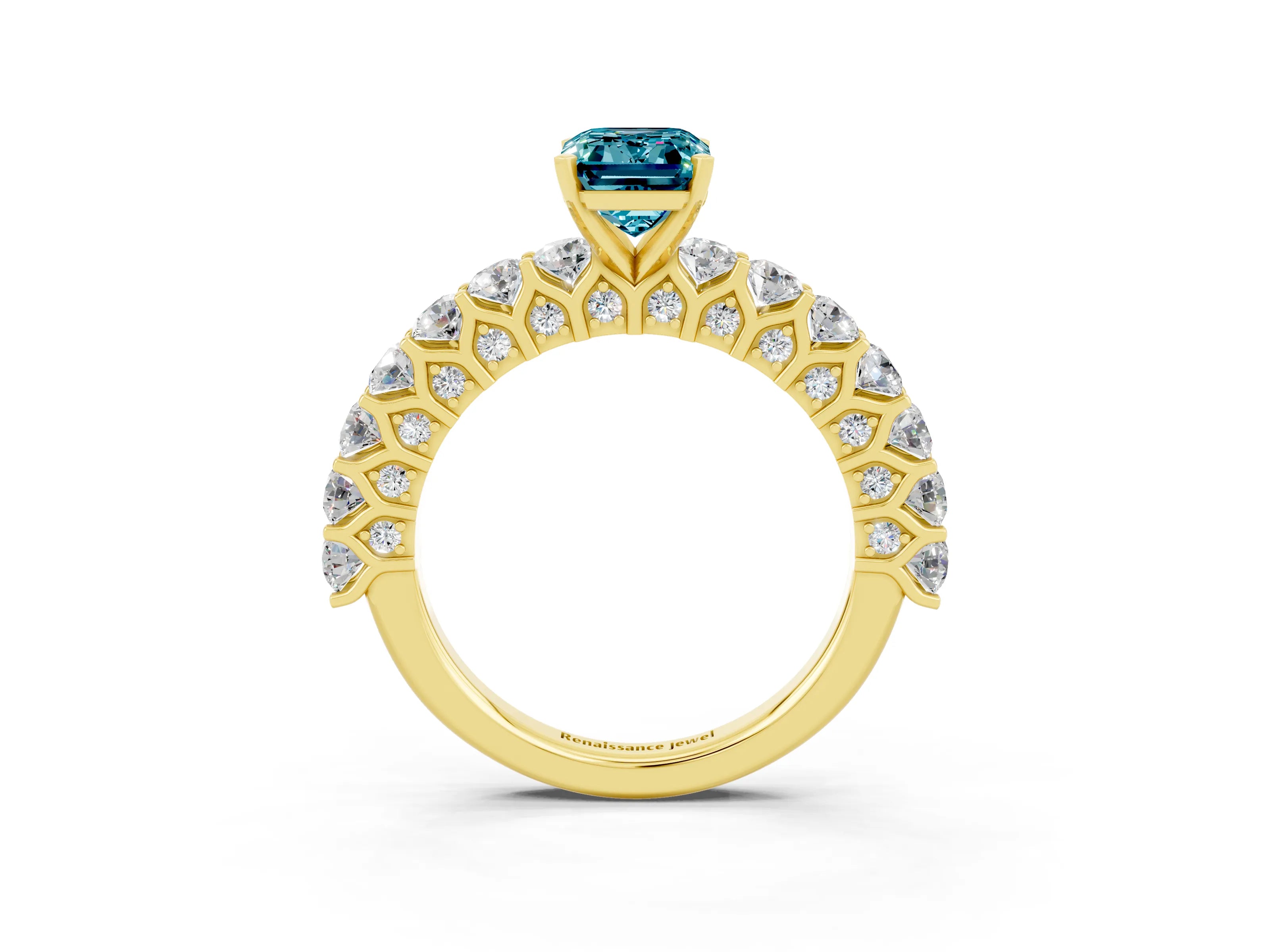 Yellow gold Emerald Cut Blue Topaz Solitaire Ring with Shared Prong Pavé Band and Four-Prong Setting_3