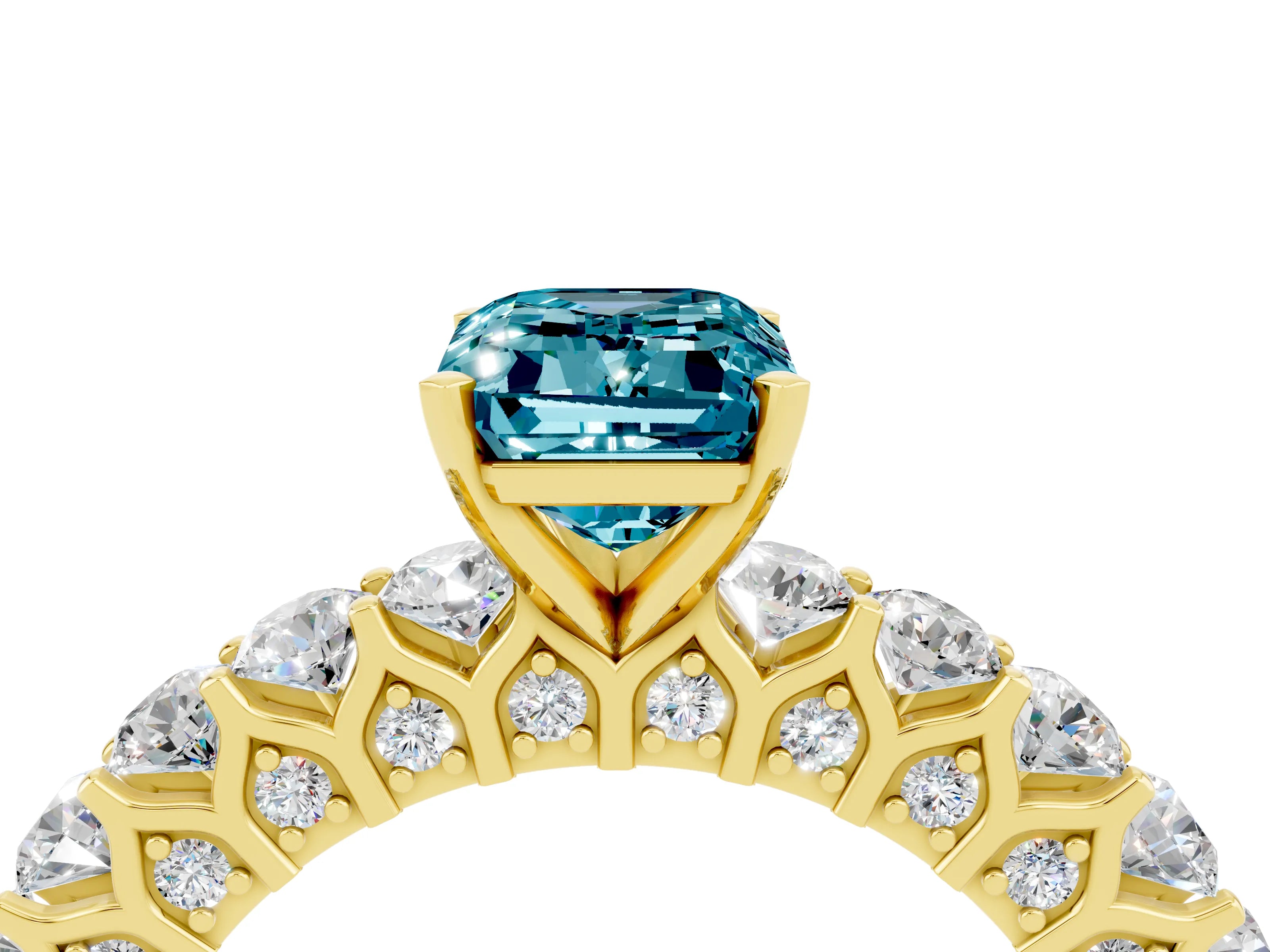 Yellow gold Emerald Cut Blue Topaz Solitaire Ring with Shared Prong Pavé Band and Four-Prong Setting_4