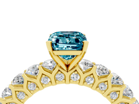 Yellow gold Emerald Cut Blue Topaz Solitaire Ring with Shared Prong Pavé Band and Four-Prong Setting_4