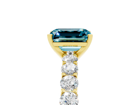 Yellow gold Emerald Cut Blue Topaz Solitaire Ring with Shared Prong Pavé Band and Four-Prong Setting_5
