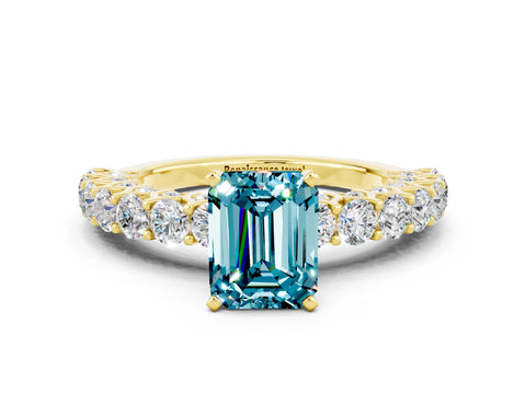 Yellow gold Emerald Cut Blue Topaz Solitaire Ring with Shared Prong Pavé Band and Four-Prong Setting