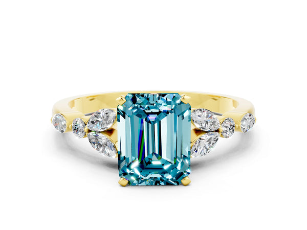 Yellow gold Emerald Cut Blue Topaz Solitaire Ring with Side Stones and Four-Prong Setting
