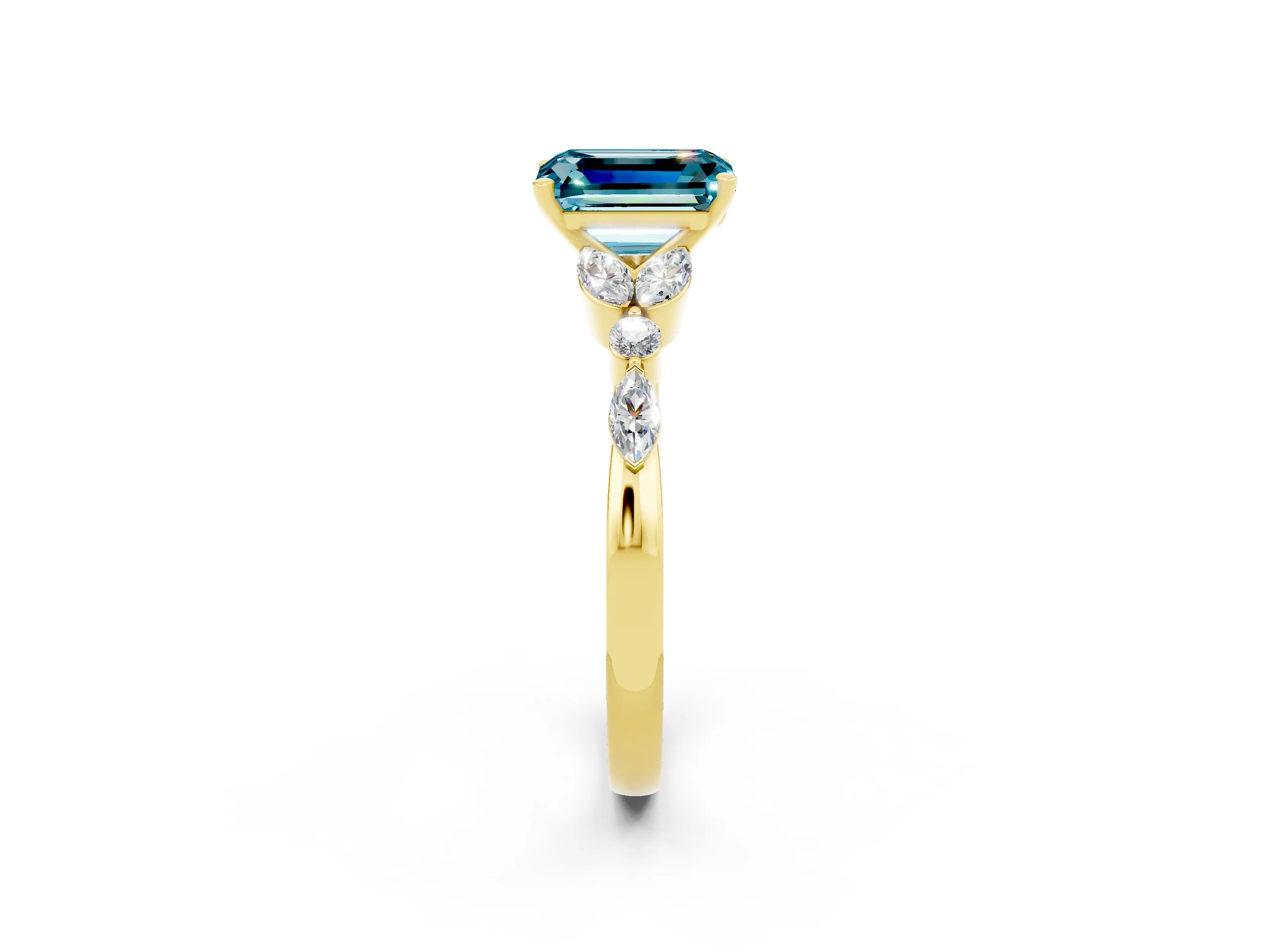 Yellow gold Emerald Cut Blue Topaz Solitaire Ring with Side Stones and Four-Prong Setting_14