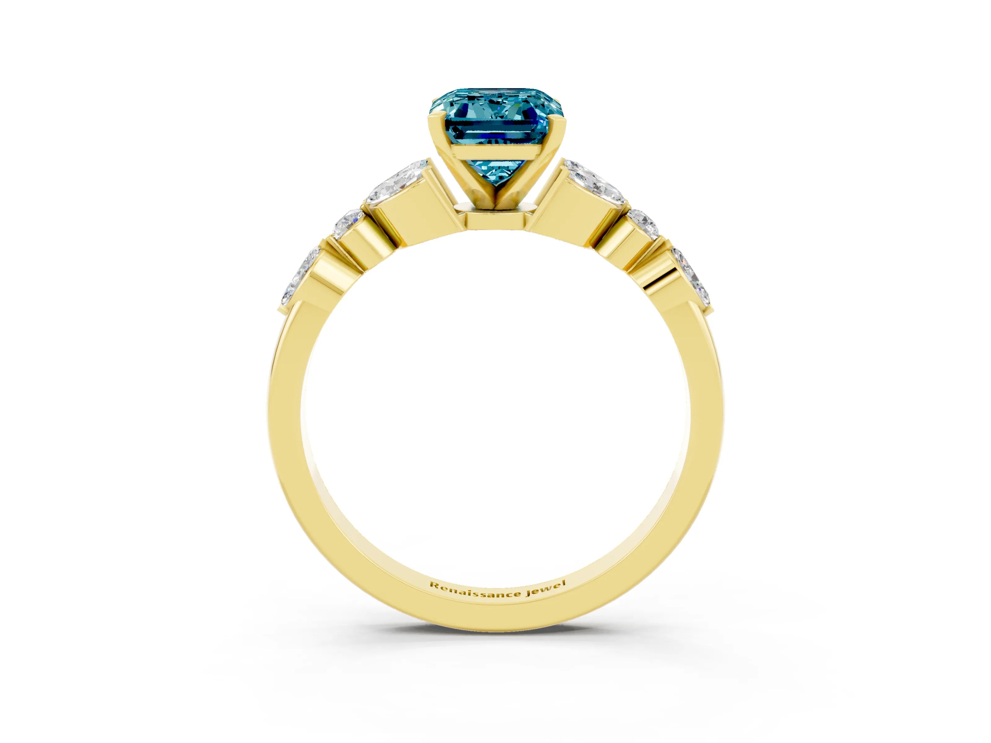 Yellow gold Emerald Cut Blue Topaz Solitaire Ring with Side Stones and Four-Prong Setting_15