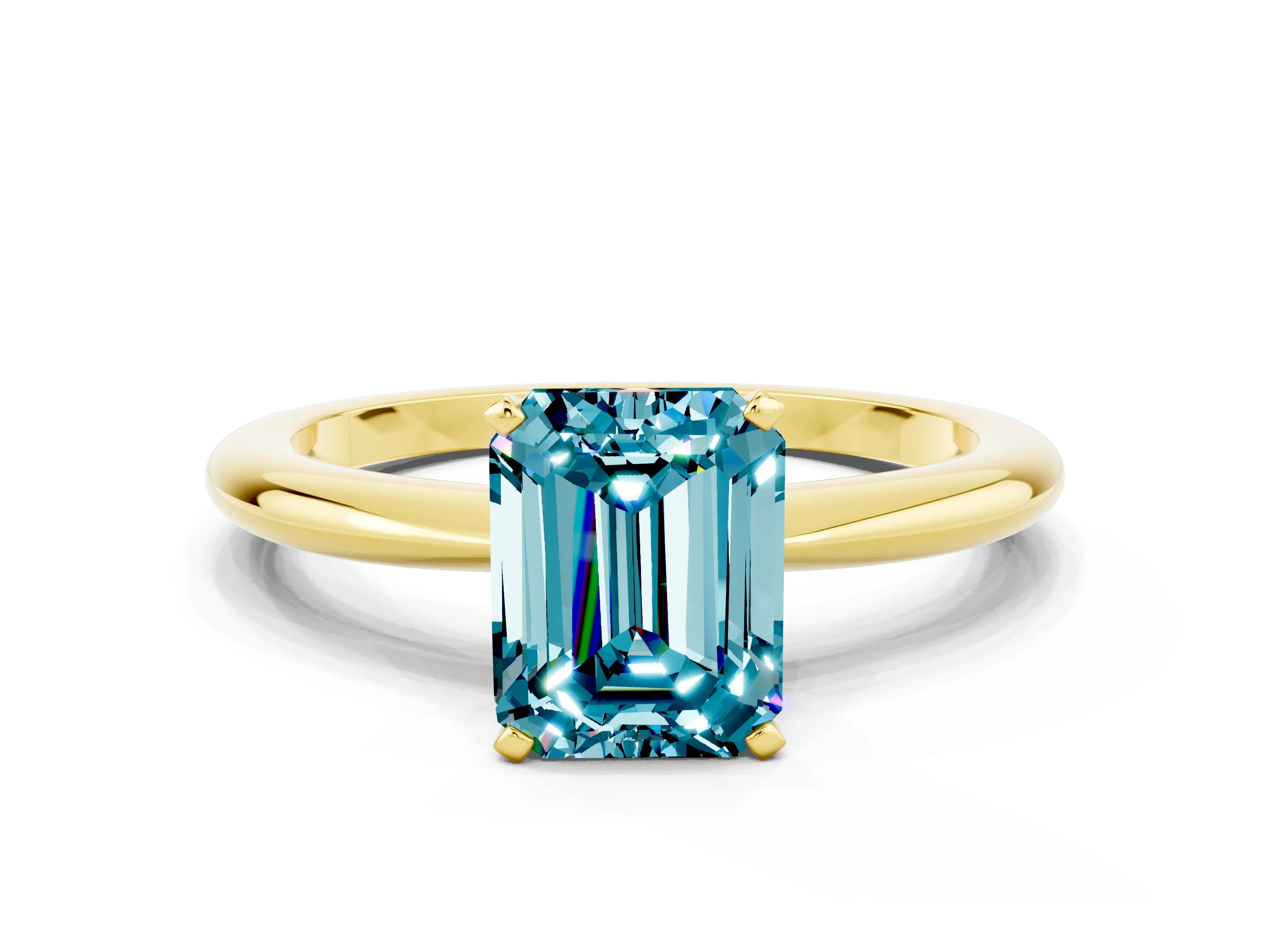 Yellow gold Emerald Cut Blue Topaz Solitaire Ring with Six-Prong Setting and Classic Band