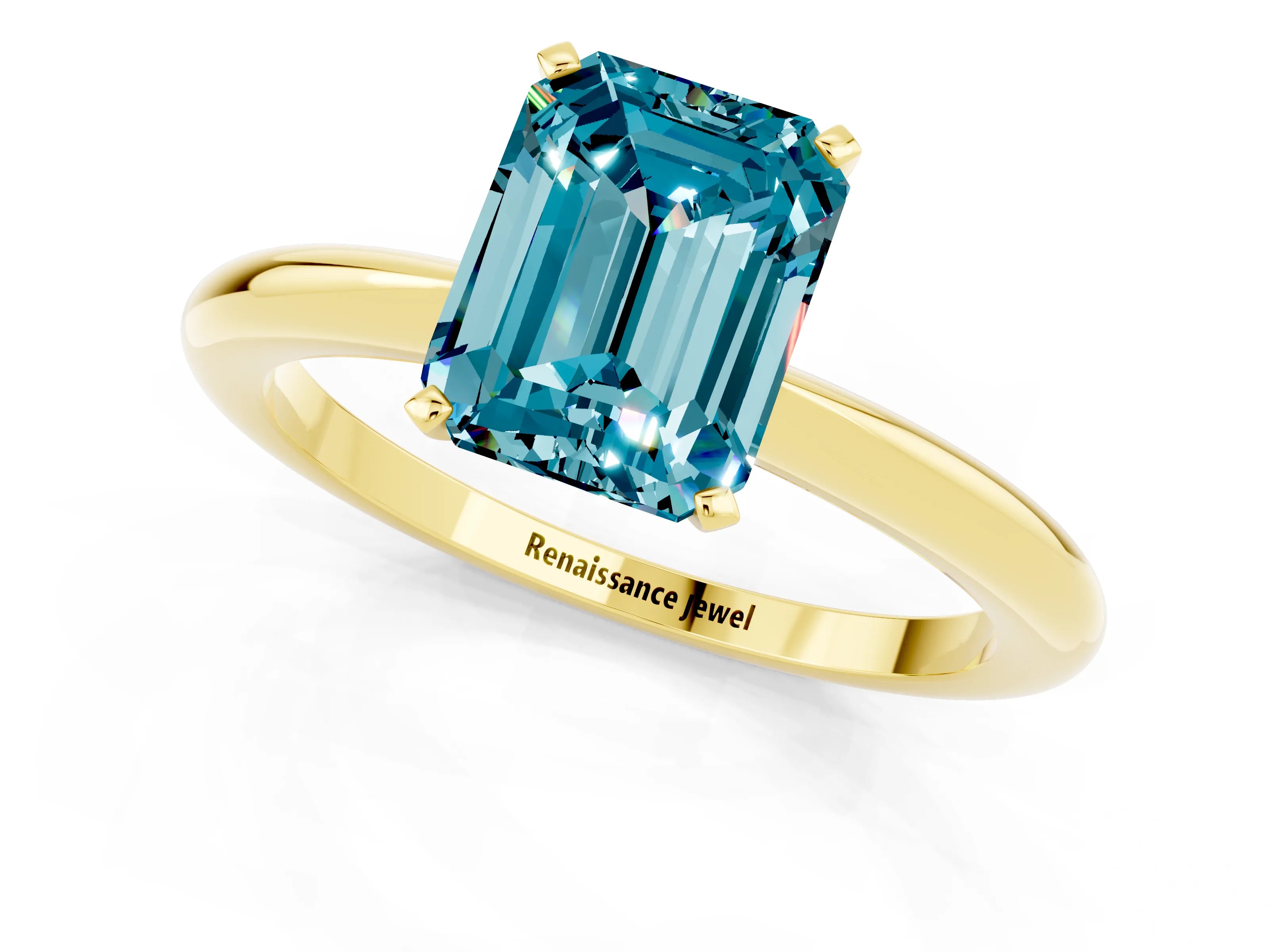 Yellow gold Emerald Cut Blue Topaz Solitaire Ring with Six-Prong Setting and Classic Band_1