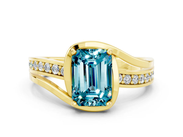 Yellow gold Emerald Cut Blue Topaz Solitaire Ring with Split Shank and Prong Setting