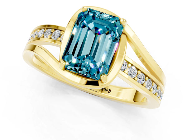 Yellow gold Emerald Cut Blue Topaz Solitaire Ring with Split Shank and Prong Setting