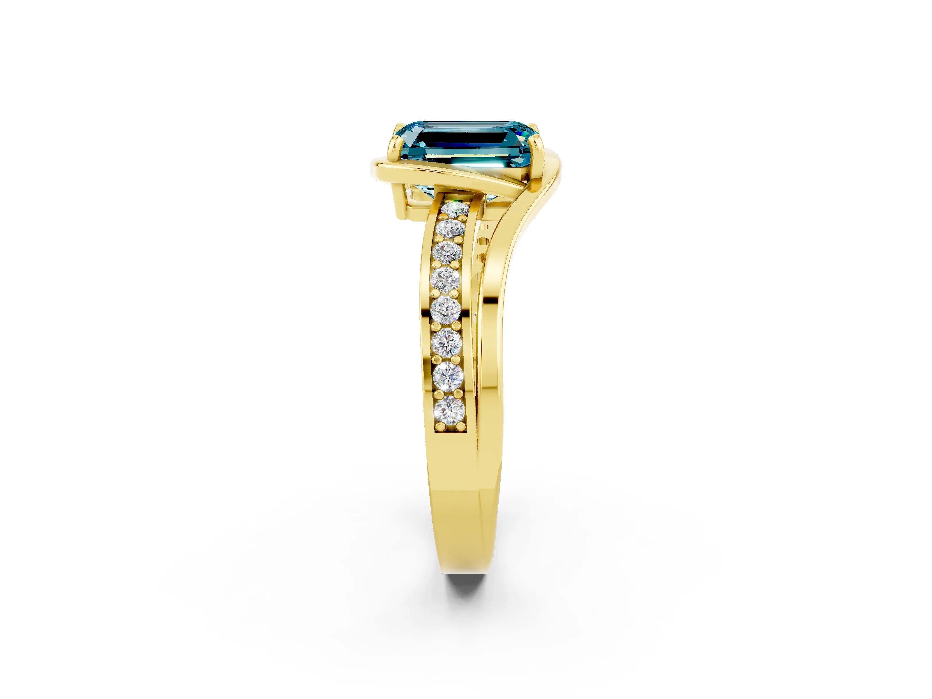 Yellow gold Emerald Cut Blue Topaz Solitaire Ring with Split Shank and Prong Setting_2