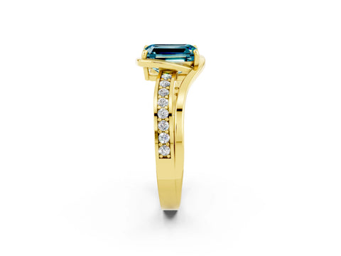 Yellow gold Emerald Cut Blue Topaz Solitaire Ring with Split Shank and Prong Setting_2