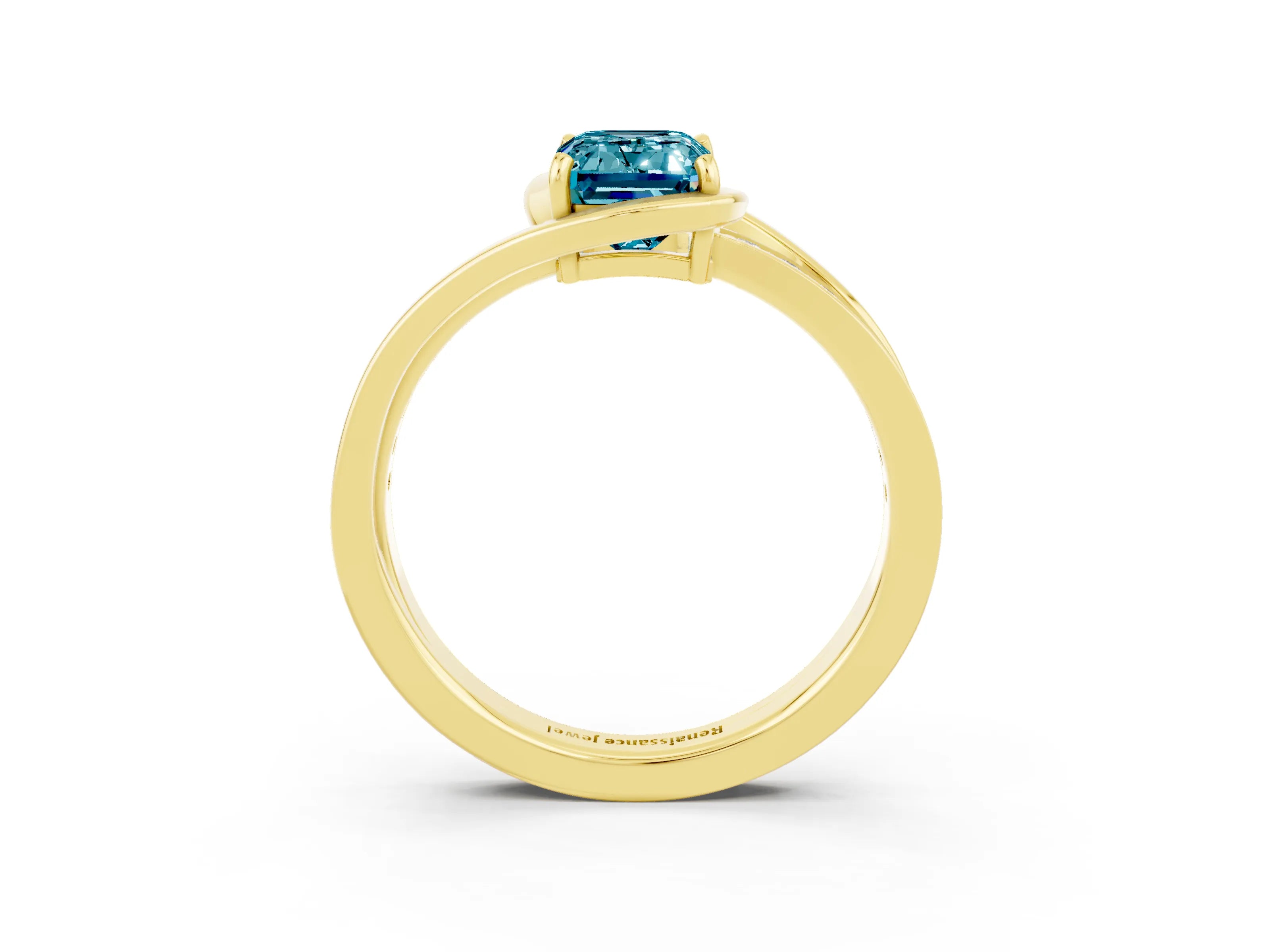 Yellow gold Emerald Cut Blue Topaz Solitaire Ring with Split Shank and Prong Setting_3