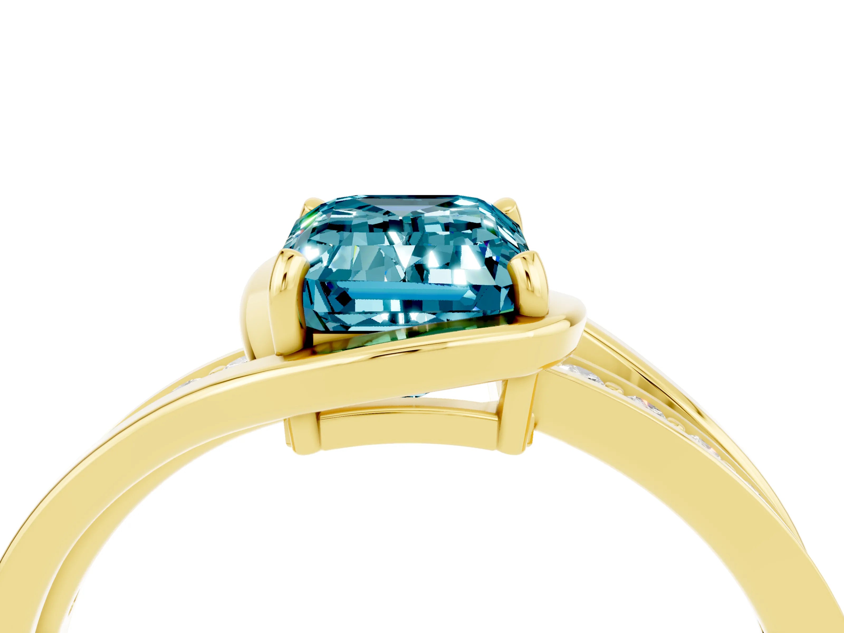 Yellow gold Emerald Cut Blue Topaz Solitaire Ring with Split Shank and Prong Setting_4