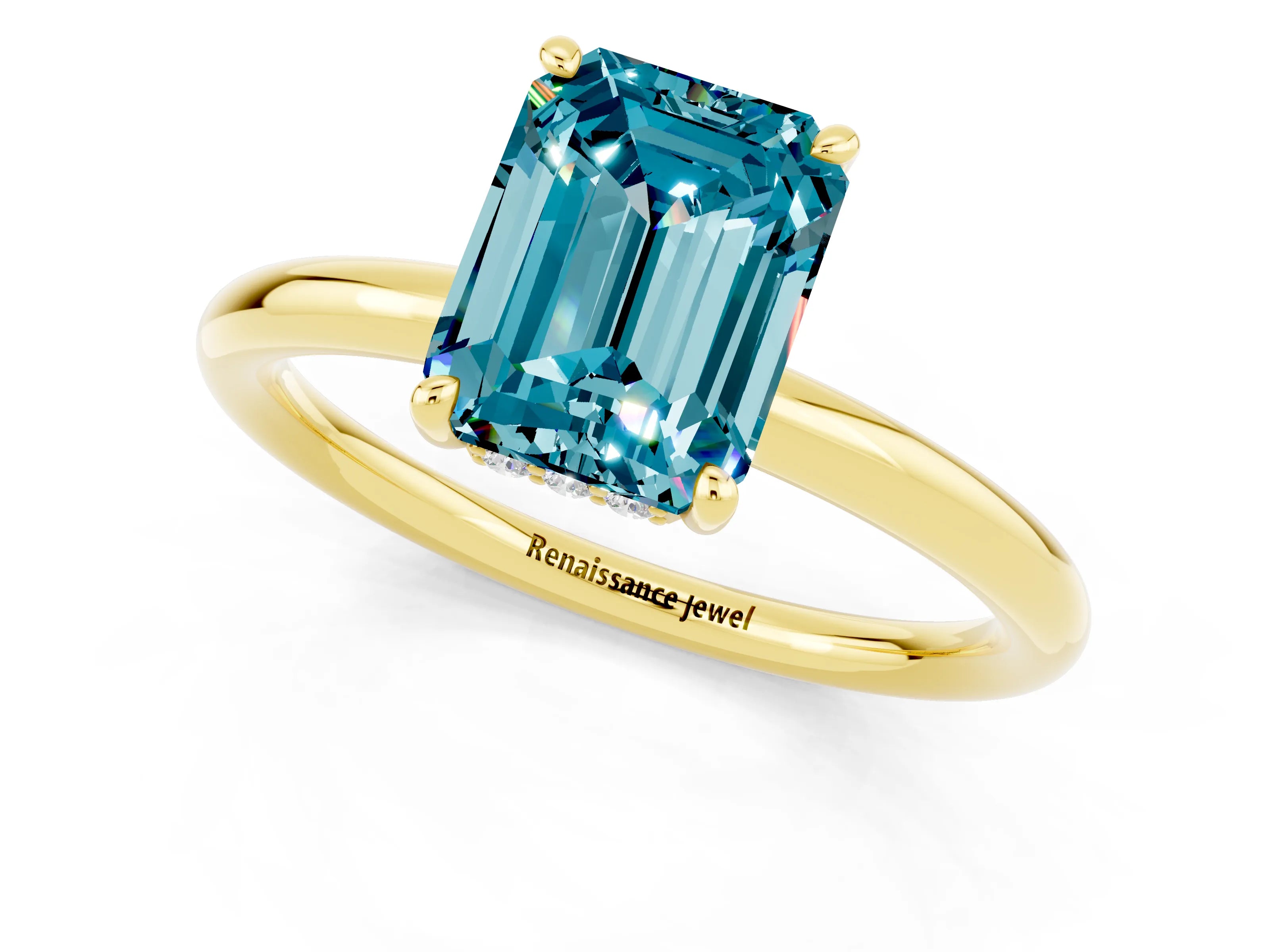 Yellow gold Emerald Cut Blue Topaz Solitaire Ring with Thin Band and Four-Prong Setting_13