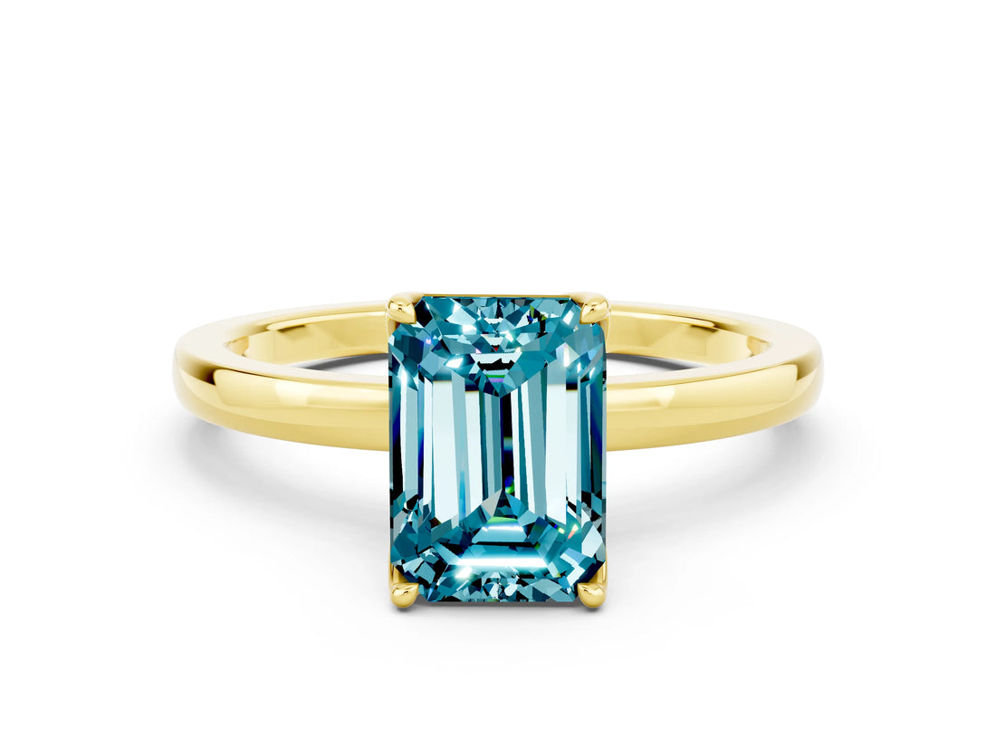 Yellow gold Emerald Cut Blue Topaz Solitaire Ring with Thin Band and Prong Setting_12