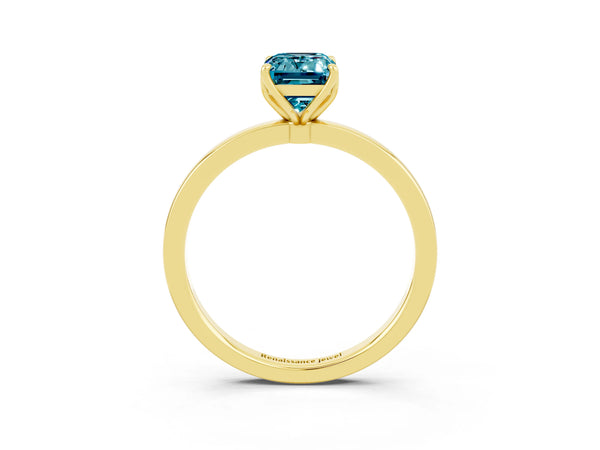 Yellow gold Emerald Cut Blue Topaz Solitaire Ring with Thin Band and Prong Setting