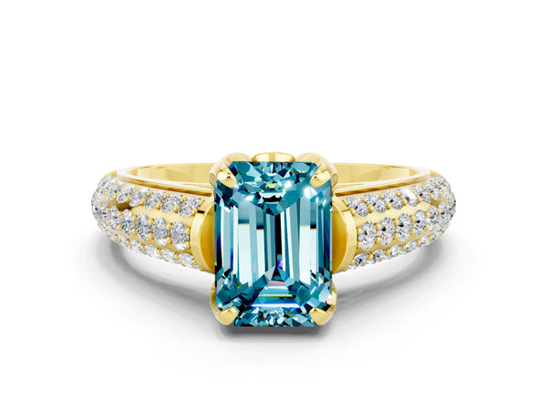 Yellow gold Emerald Cut Blue Topaz Solitaire Ring with Three-Row Pavé Band and Four-Prong Setting