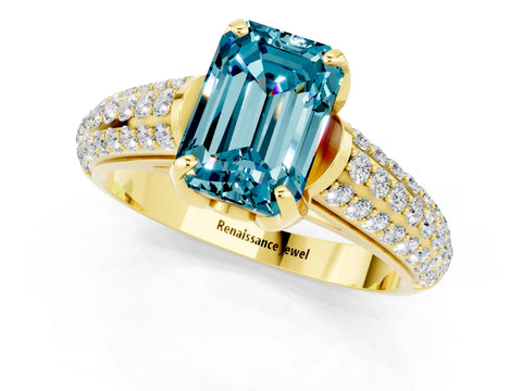 Yellow gold Emerald Cut Blue Topaz Solitaire Ring with Three-Row Pavé Band and Four-Prong Setting_13