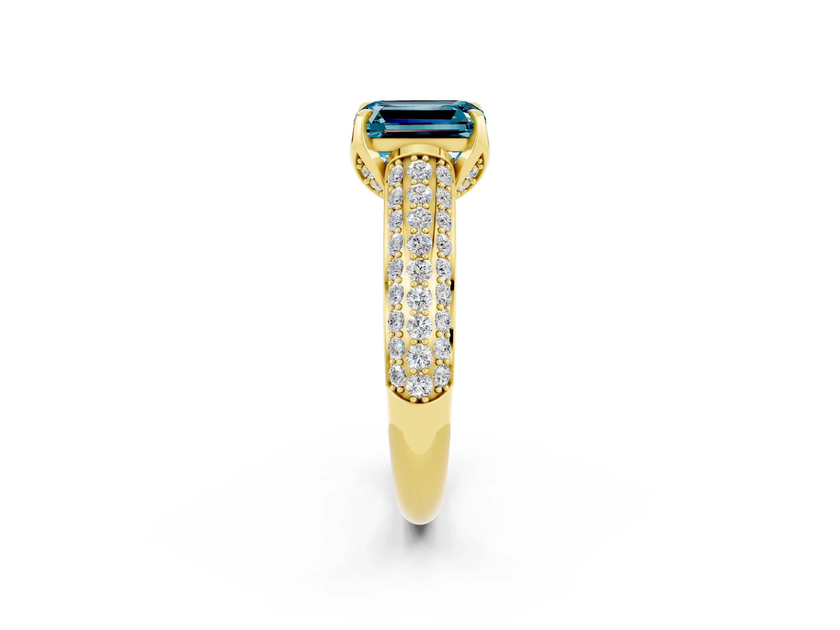Yellow gold Emerald Cut Blue Topaz Solitaire Ring with Three-Row Pavé Band and Four-Prong Setting_14