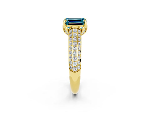 Yellow gold Emerald Cut Blue Topaz Solitaire Ring with Three-Row Pavé Band and Four-Prong Setting_14