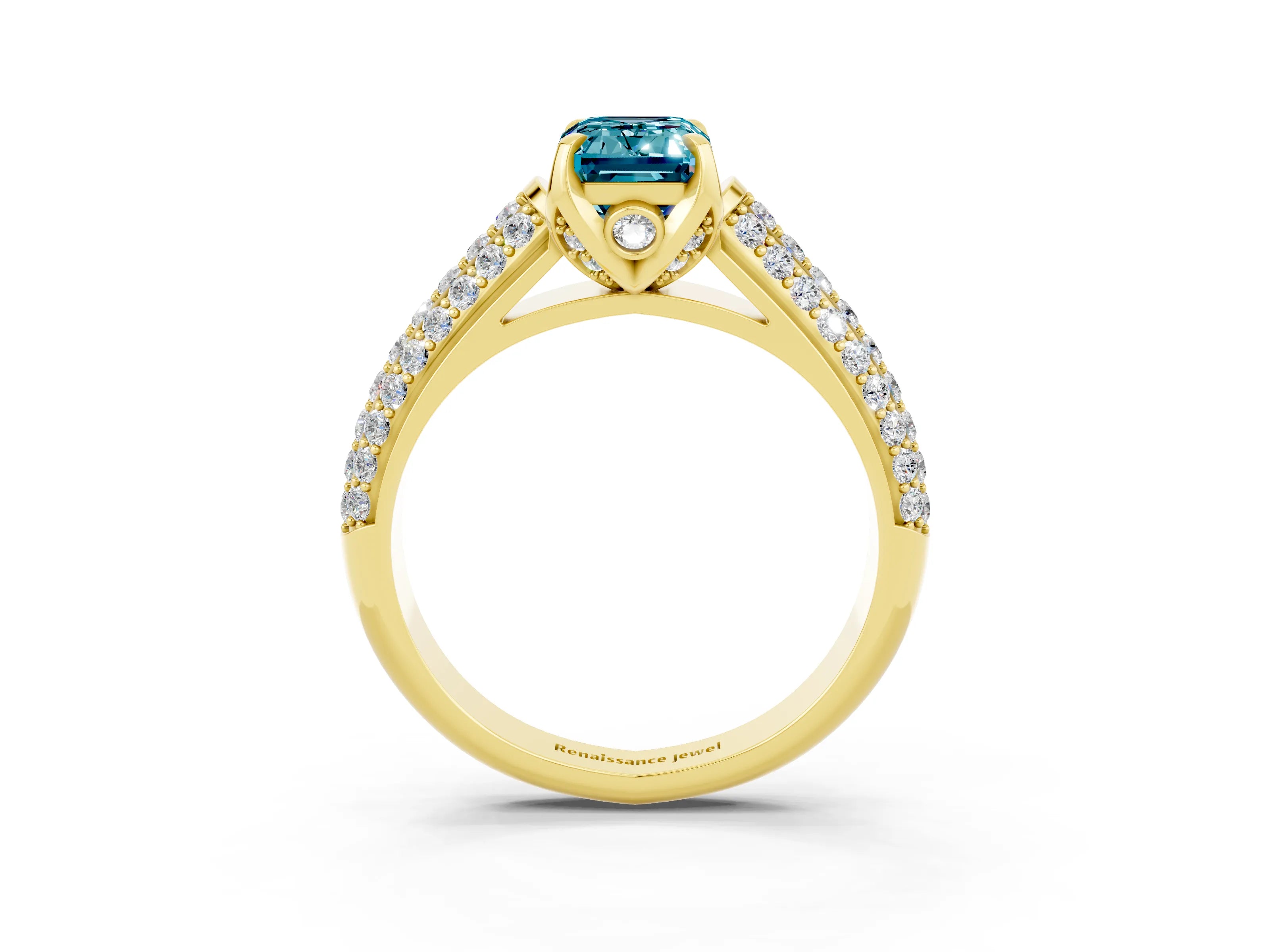 Yellow gold Emerald Cut Blue Topaz Solitaire Ring with Three-Row Pavé Band and Four-Prong Setting_15