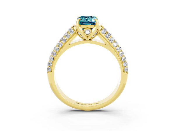 Yellow gold Emerald Cut Blue Topaz Solitaire Ring with Three-Row Pavé Band and Four-Prong Setting