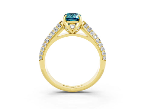 Yellow gold Emerald Cut Blue Topaz Solitaire Ring with Three-Row Pavé Band and Four-Prong Setting_15