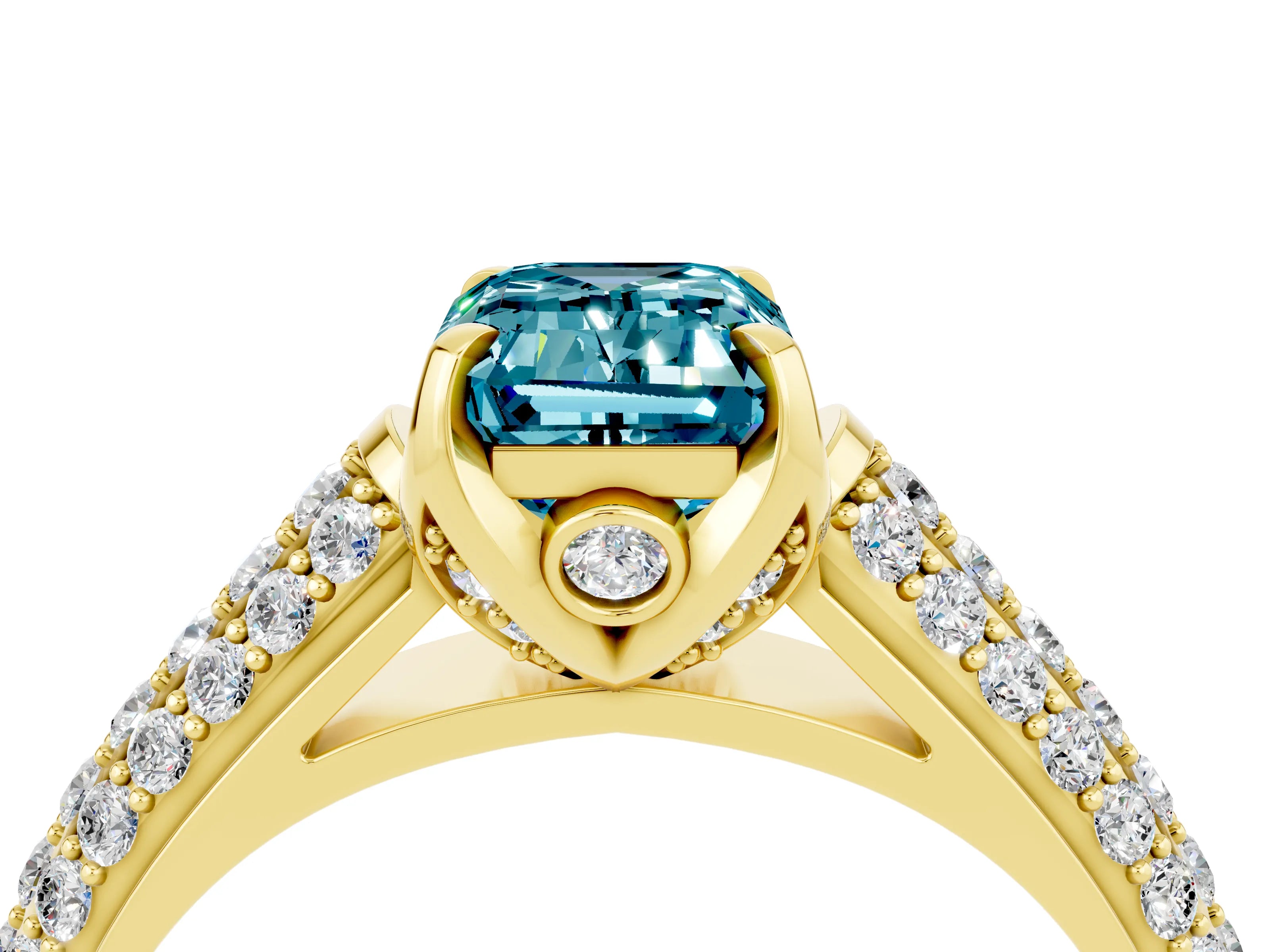 Yellow gold Emerald Cut Blue Topaz Solitaire Ring with Three-Row Pavé Band and Four-Prong Setting_16