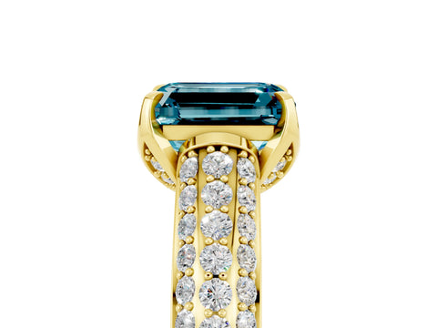 Yellow gold Emerald Cut Blue Topaz Solitaire Ring with Three-Row Pavé Band and Four-Prong Setting_17