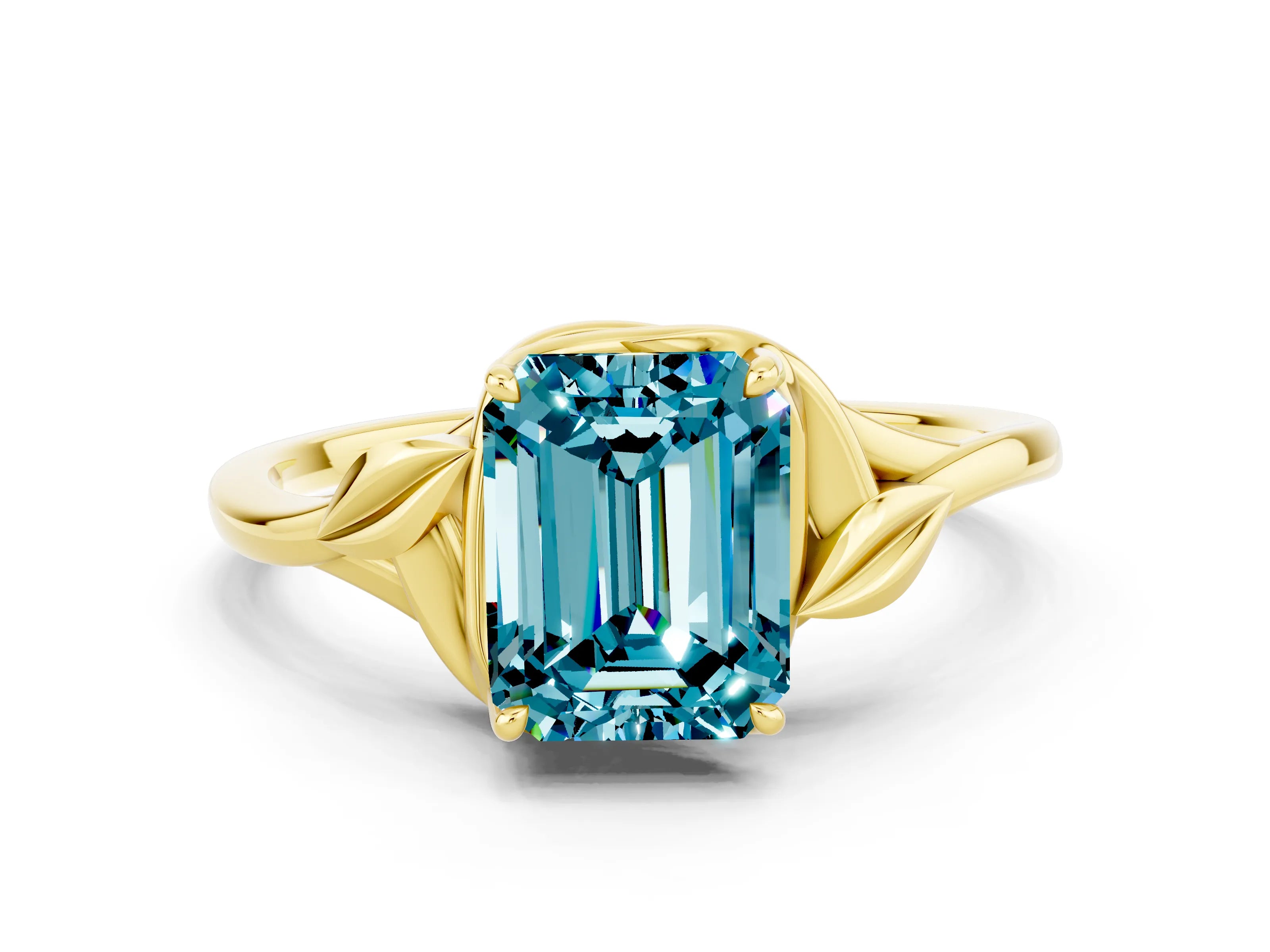 Yellow gold Emerald Cut Blue Topaz Solitaire Ring with Twist Band and Four-Prong Setting_24