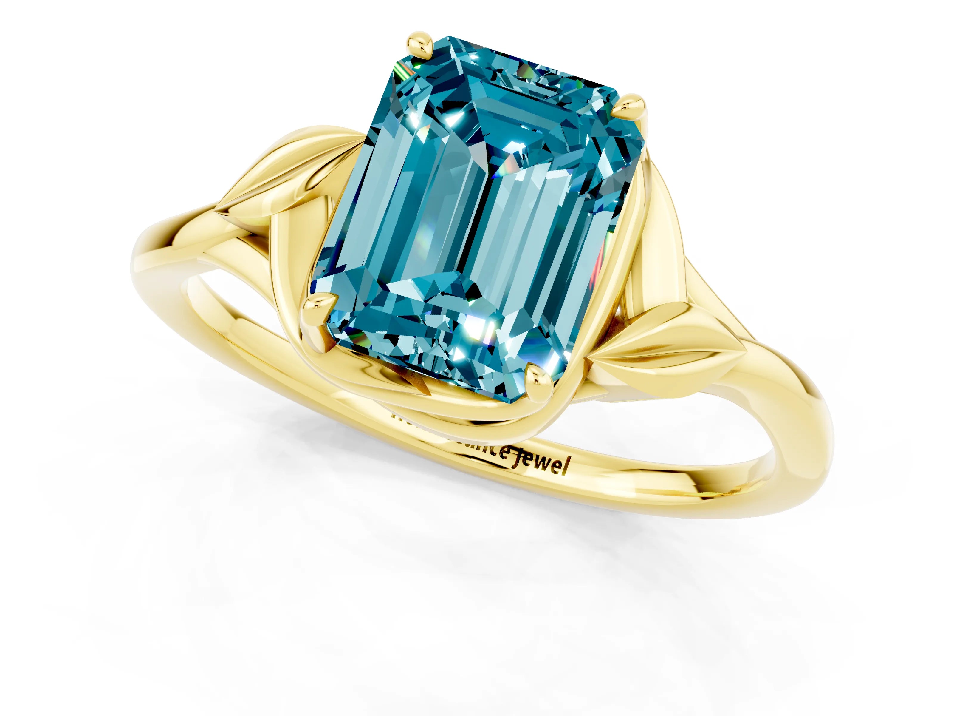 Yellow gold Emerald Cut Blue Topaz Solitaire Ring with Twist Band and Four-Prong Setting_25