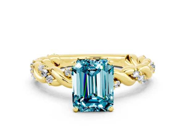 Yellow gold Emerald Cut Blue Topaz Solitaire Ring with Twisted Band and Pavé Accents
