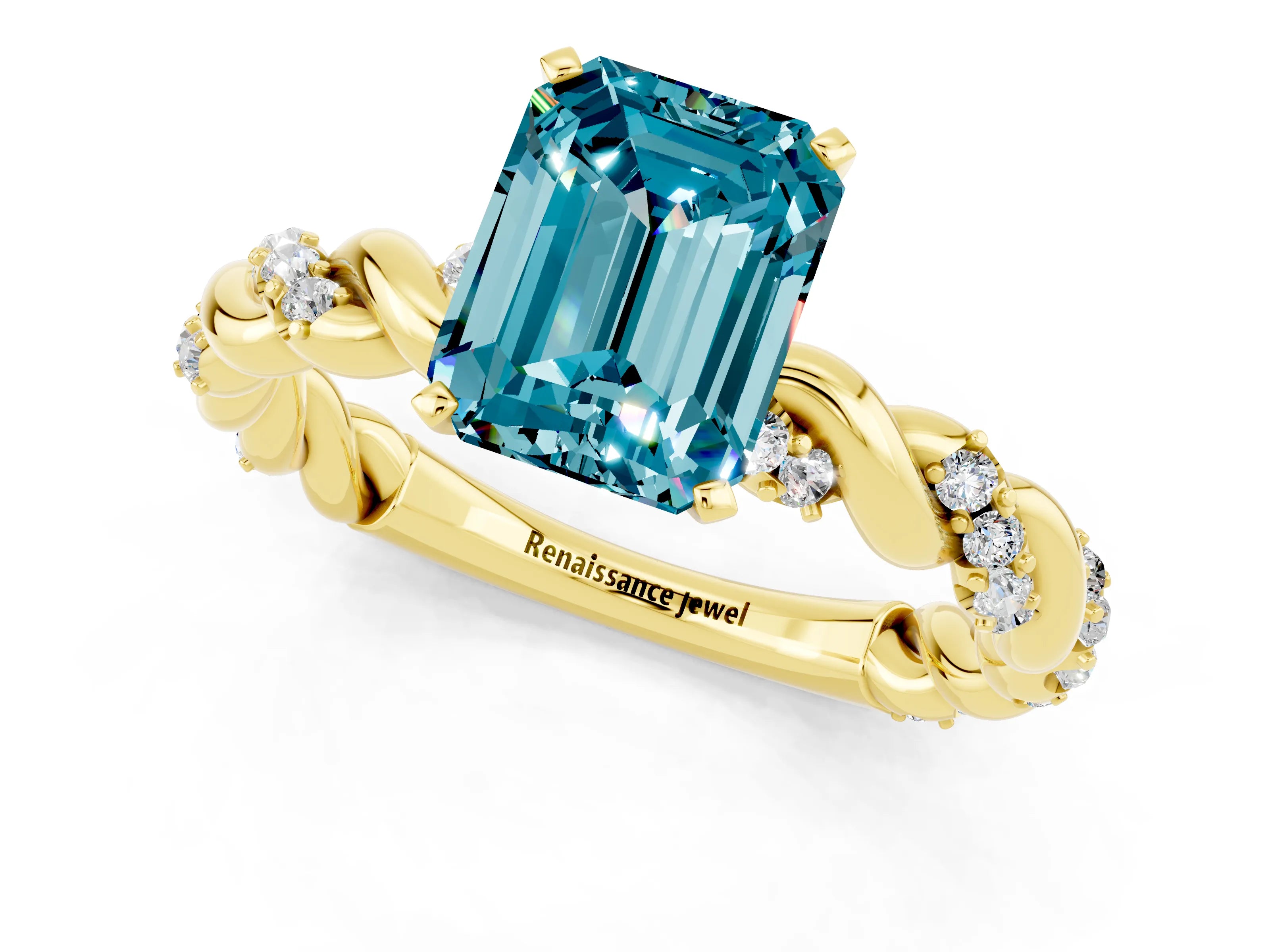Yellow gold Emerald Cut Blue Topaz Solitaire Ring with Twisted Band and Pavé Accents_1
