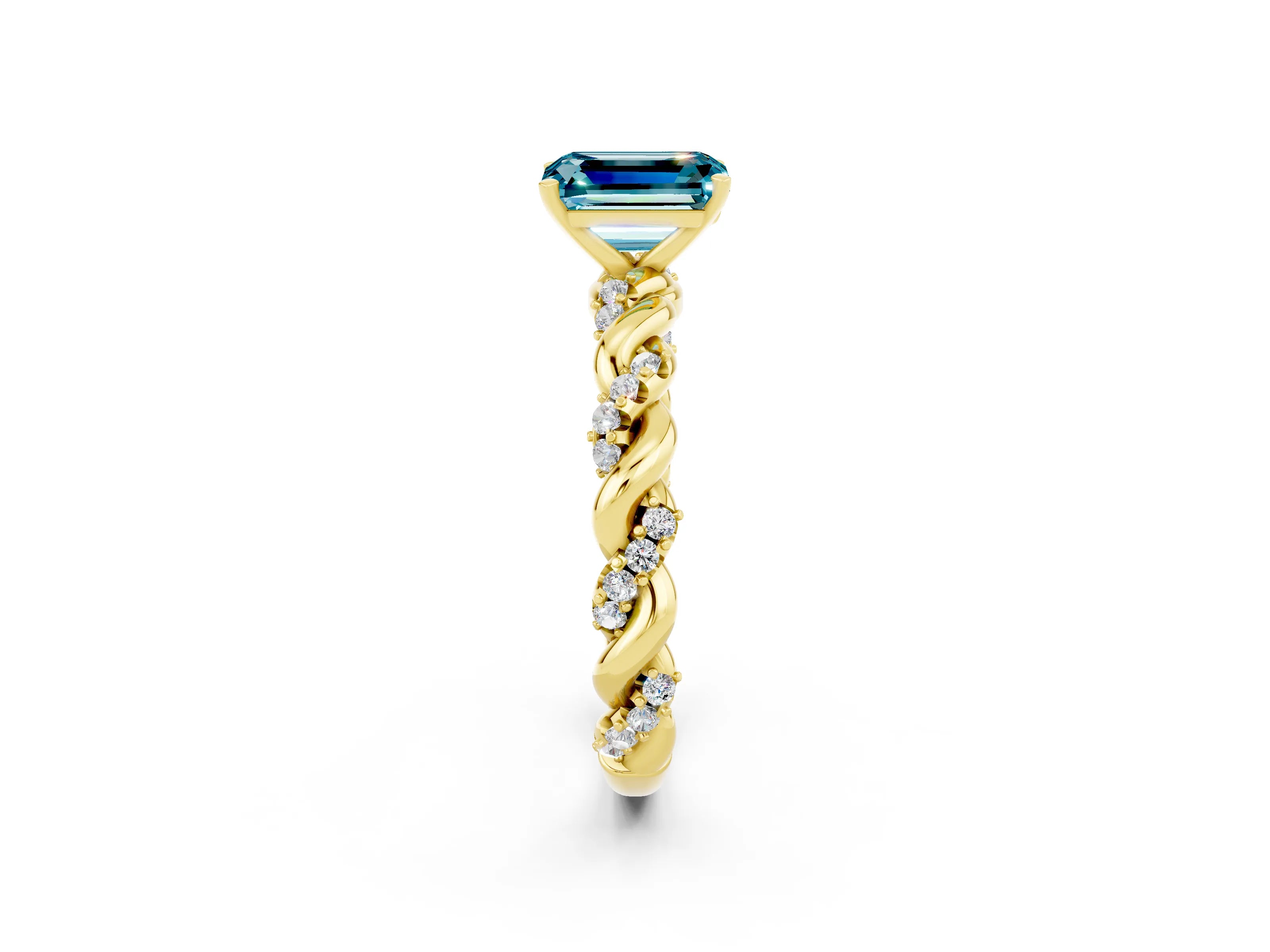Yellow gold Emerald Cut Blue Topaz Solitaire Ring with Twisted Band and Pavé Accents_2