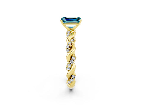 Yellow gold Emerald Cut Blue Topaz Solitaire Ring with Twisted Band and Pavé Accents_2