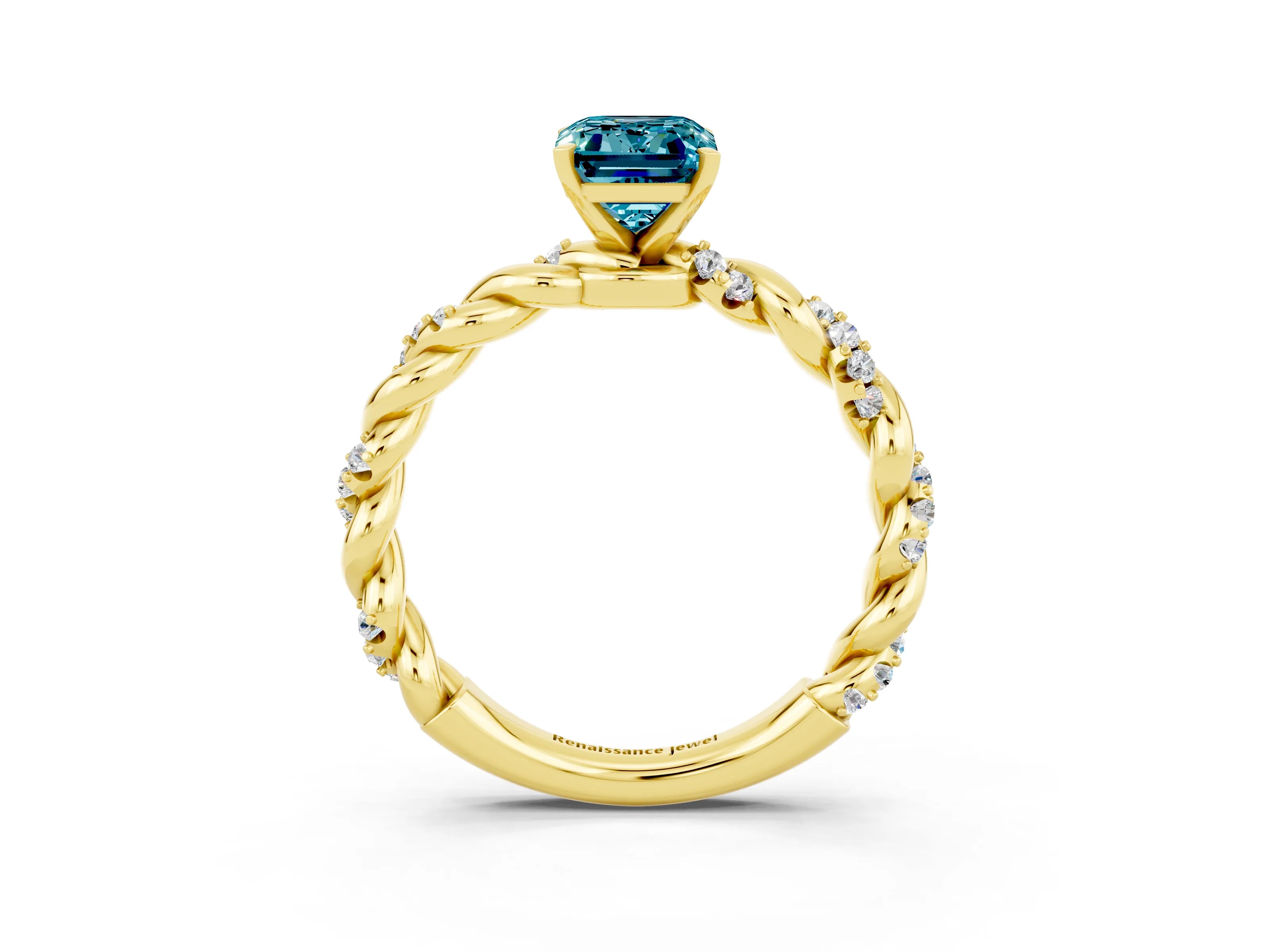 Yellow gold Emerald Cut Blue Topaz Solitaire Ring with Twisted Band and Pavé Accents_3