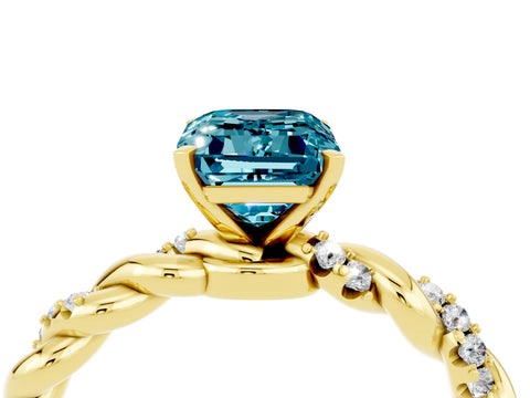 Yellow gold Emerald Cut Blue Topaz Solitaire Ring with Twisted Band and Pavé Accents_4