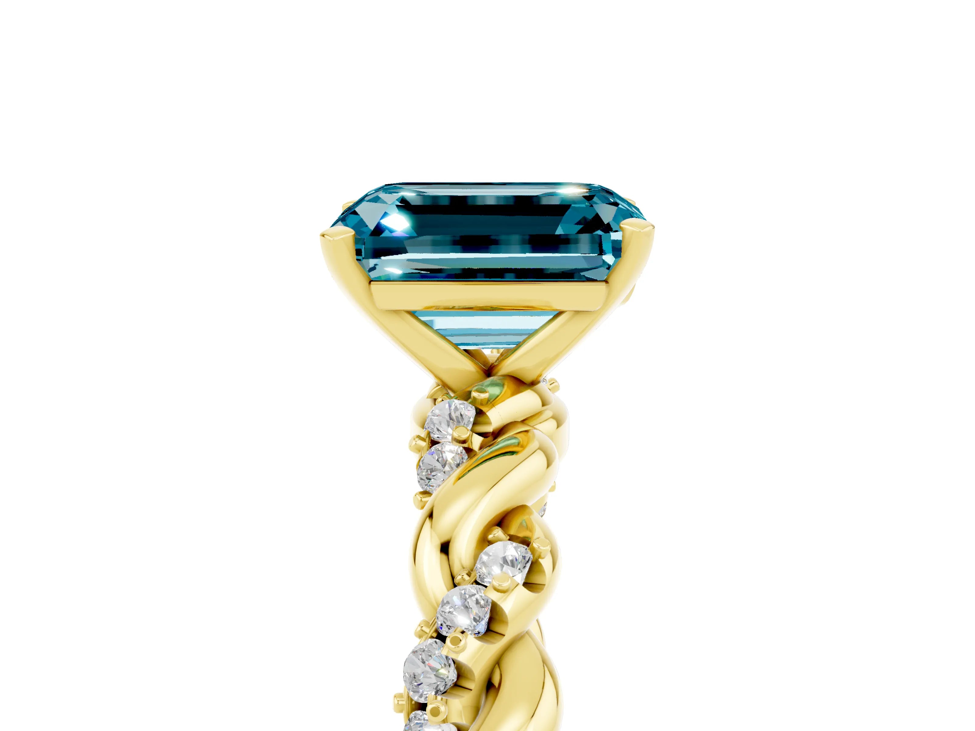 Yellow gold Emerald Cut Blue Topaz Solitaire Ring with Twisted Band and Pavé Accents_5