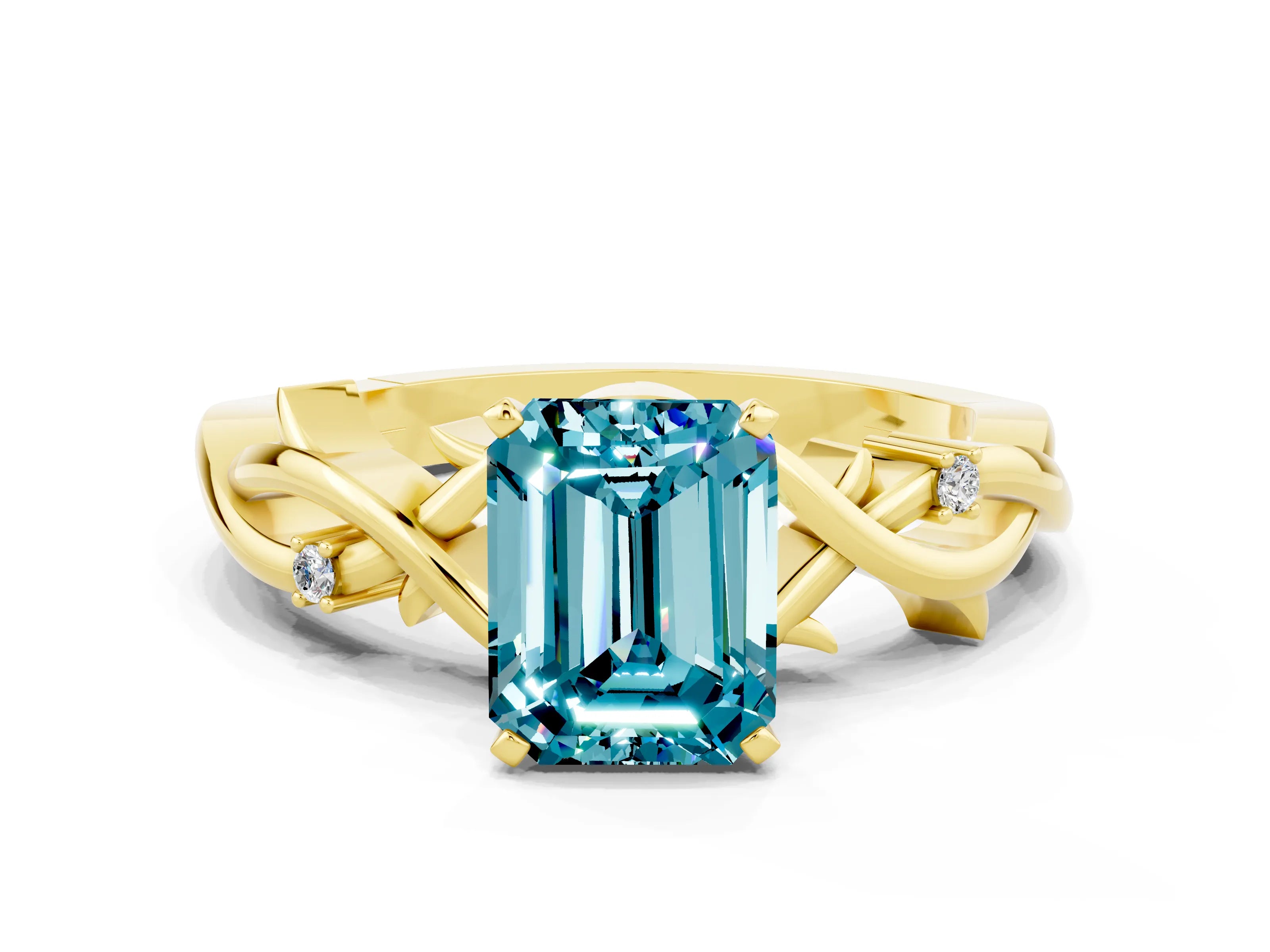 Yellow gold Emerald Cut Blue Topaz Solitaire Ring with Twisted Band and Prong Setting