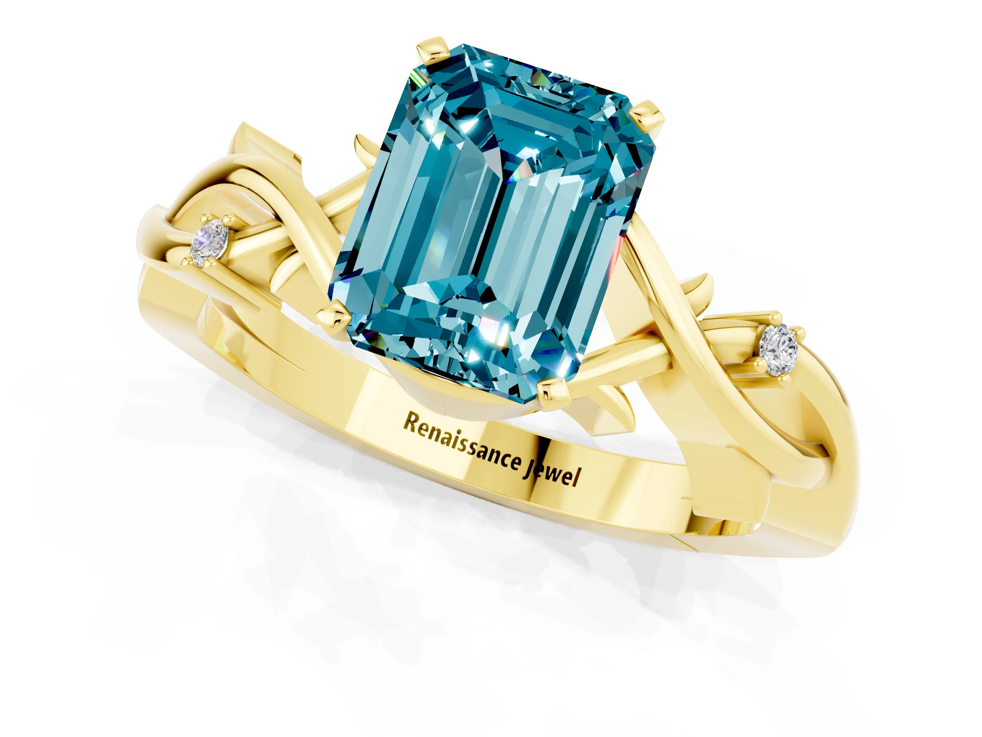 Yellow gold Emerald Cut Blue Topaz Solitaire Ring with Twisted Band and Prong Setting_1