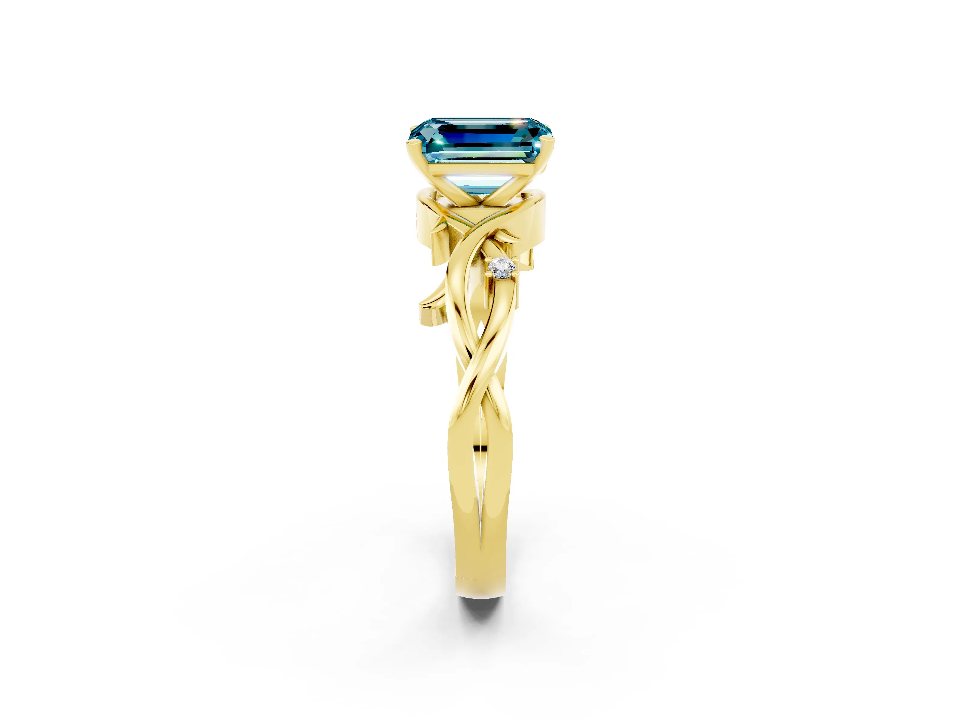 Yellow gold Emerald Cut Blue Topaz Solitaire Ring with Twisted Band and Prong Setting_2