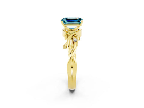 Yellow gold Emerald Cut Blue Topaz Solitaire Ring with Twisted Band and Prong Setting_2