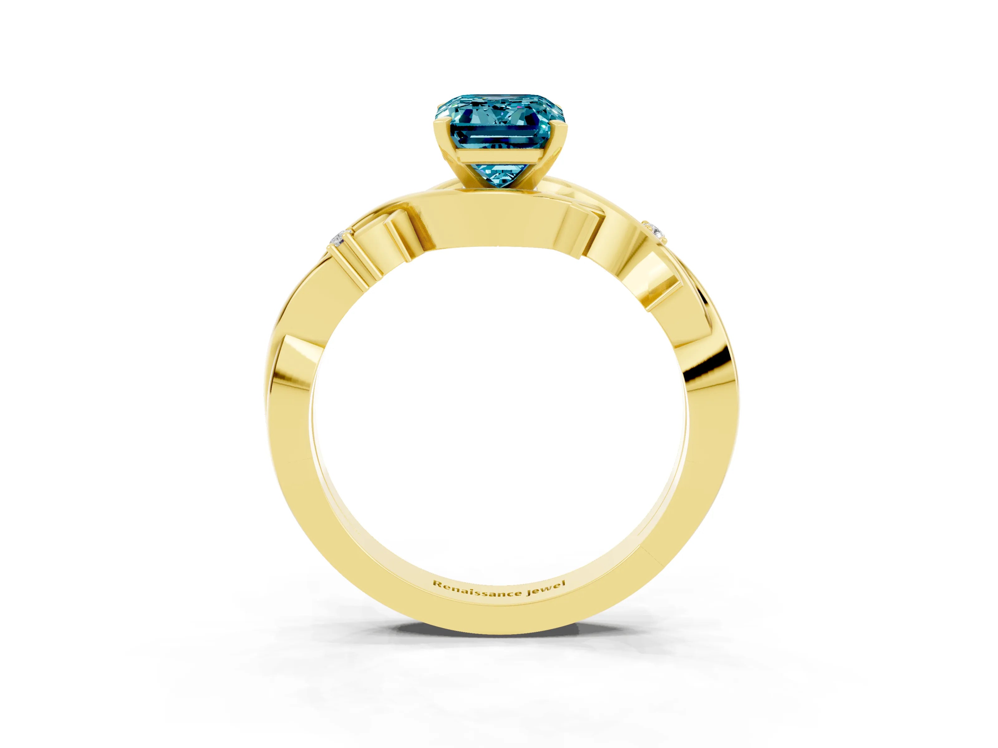 Yellow gold Emerald Cut Blue Topaz Solitaire Ring with Twisted Band and Prong Setting_3