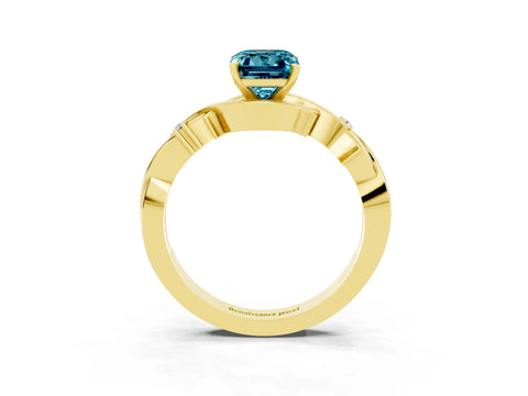 Yellow gold Emerald Cut Blue Topaz Solitaire Ring with Twisted Band and Prong Setting_3