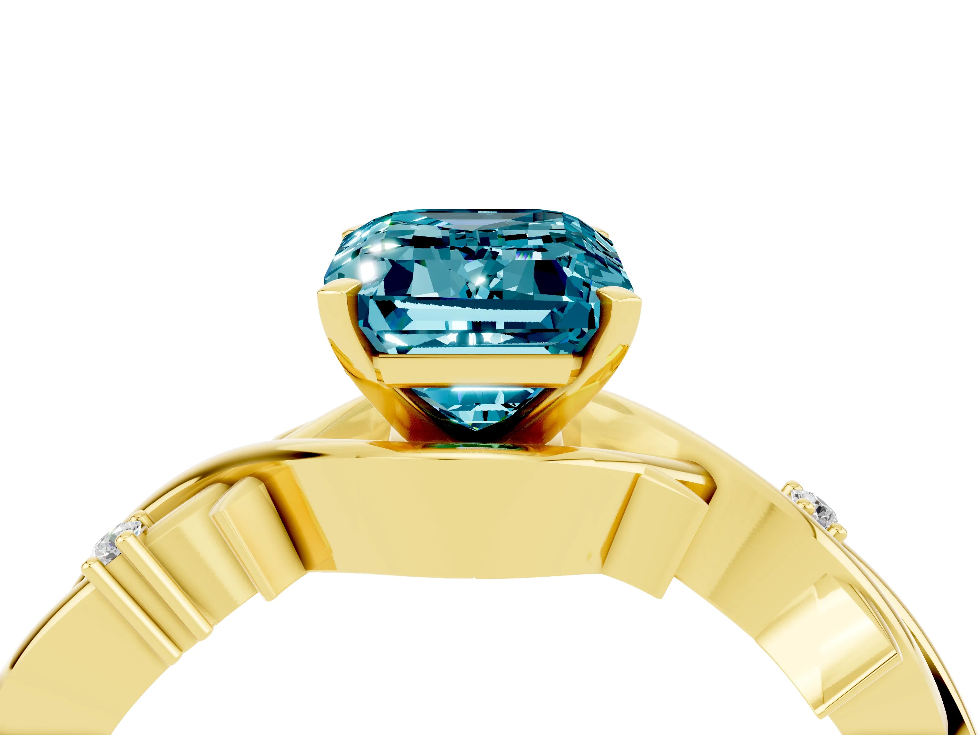 Yellow gold Emerald Cut Blue Topaz Solitaire Ring with Twisted Band and Prong Setting_4
