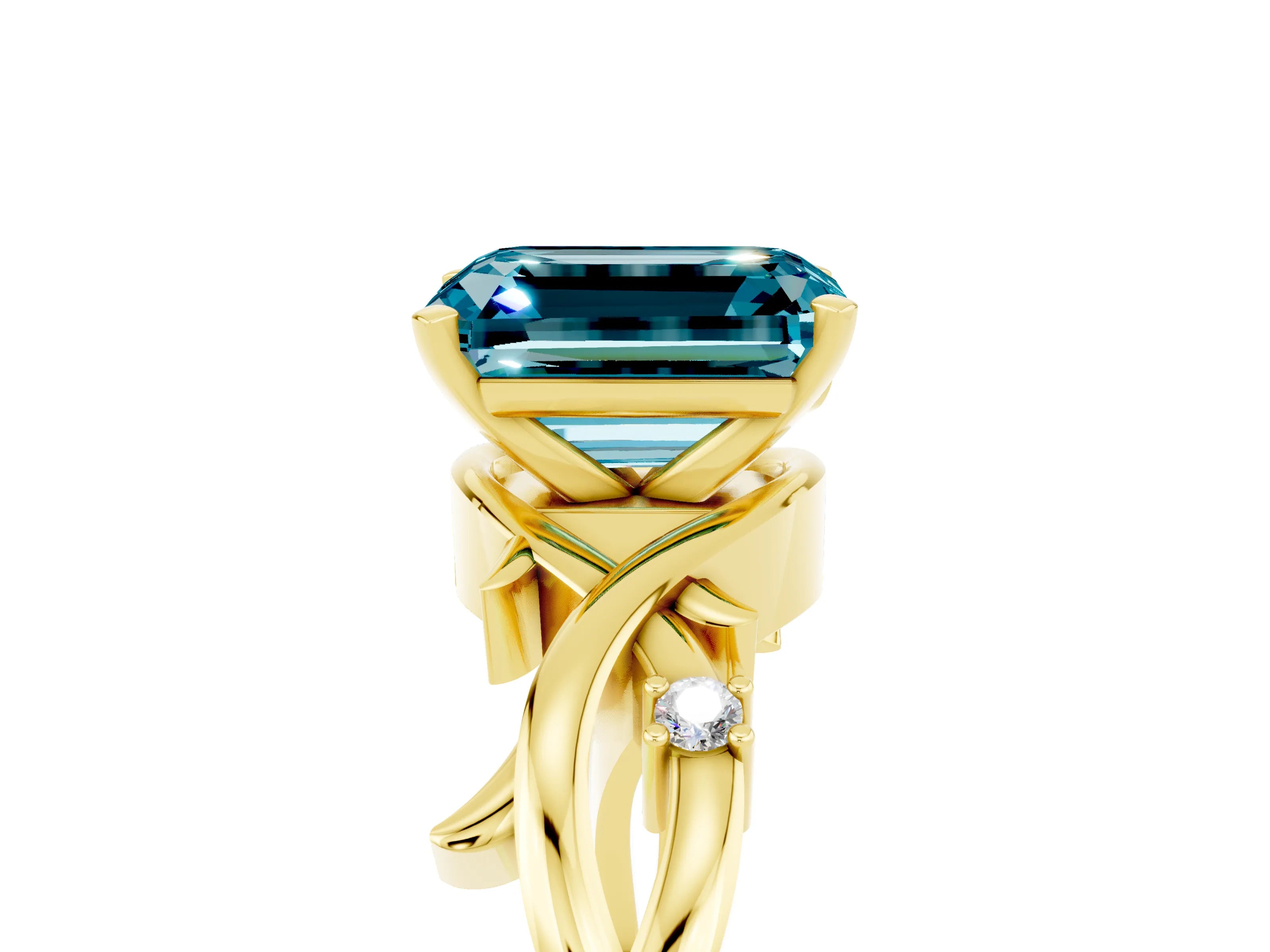 Yellow gold Emerald Cut Blue Topaz Solitaire Ring with Twisted Band and Prong Setting_5