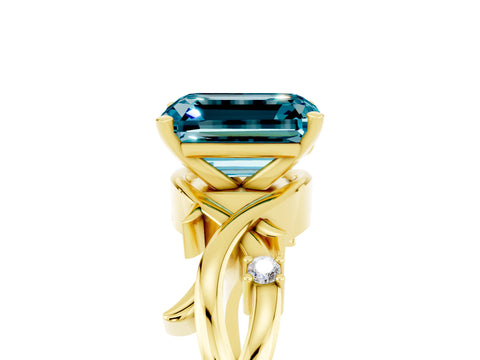 Yellow gold Emerald Cut Blue Topaz Solitaire Ring with Twisted Band and Prong Setting_5