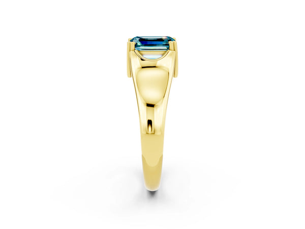 Yellow gold Emerald Cut Blue Topaz Solitaire Ring with Wide Band and Prong Setting