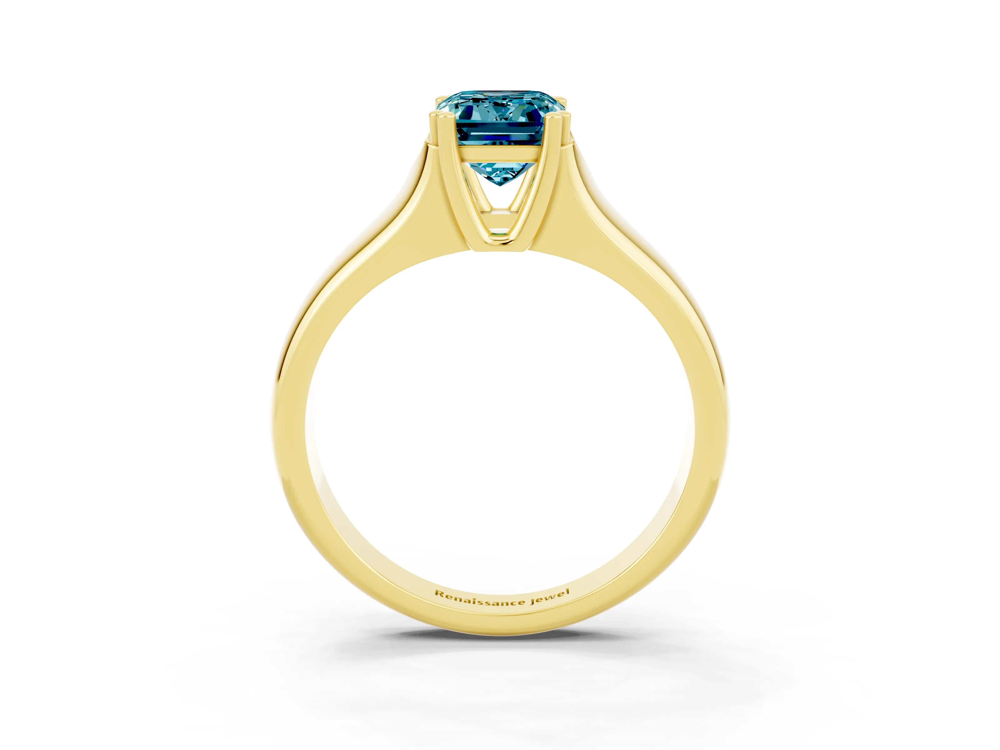 Yellow gold Emerald Cut Blue Topaz Solitaire Ring with Wide Band and Prong Setting_3