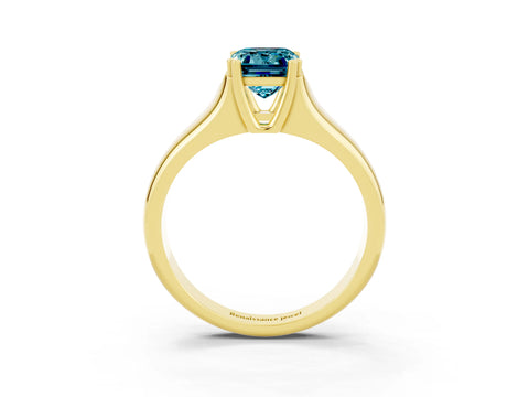Yellow gold Emerald Cut Blue Topaz Solitaire Ring with Wide Band and Prong Setting_3