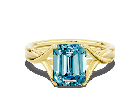 Yellow gold Emerald Cut Blue Topaz Solitaire Twist Band Prong Setting Ring_60